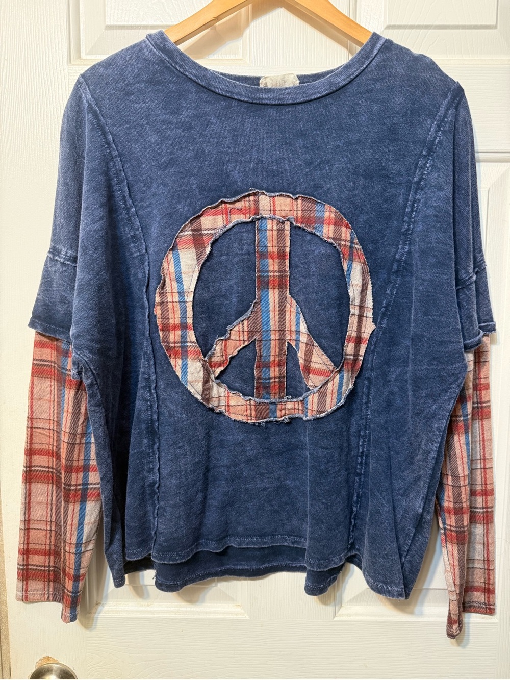 Relaxed Blue Layered-Look Peace Sign Plaid-Sleeve Top